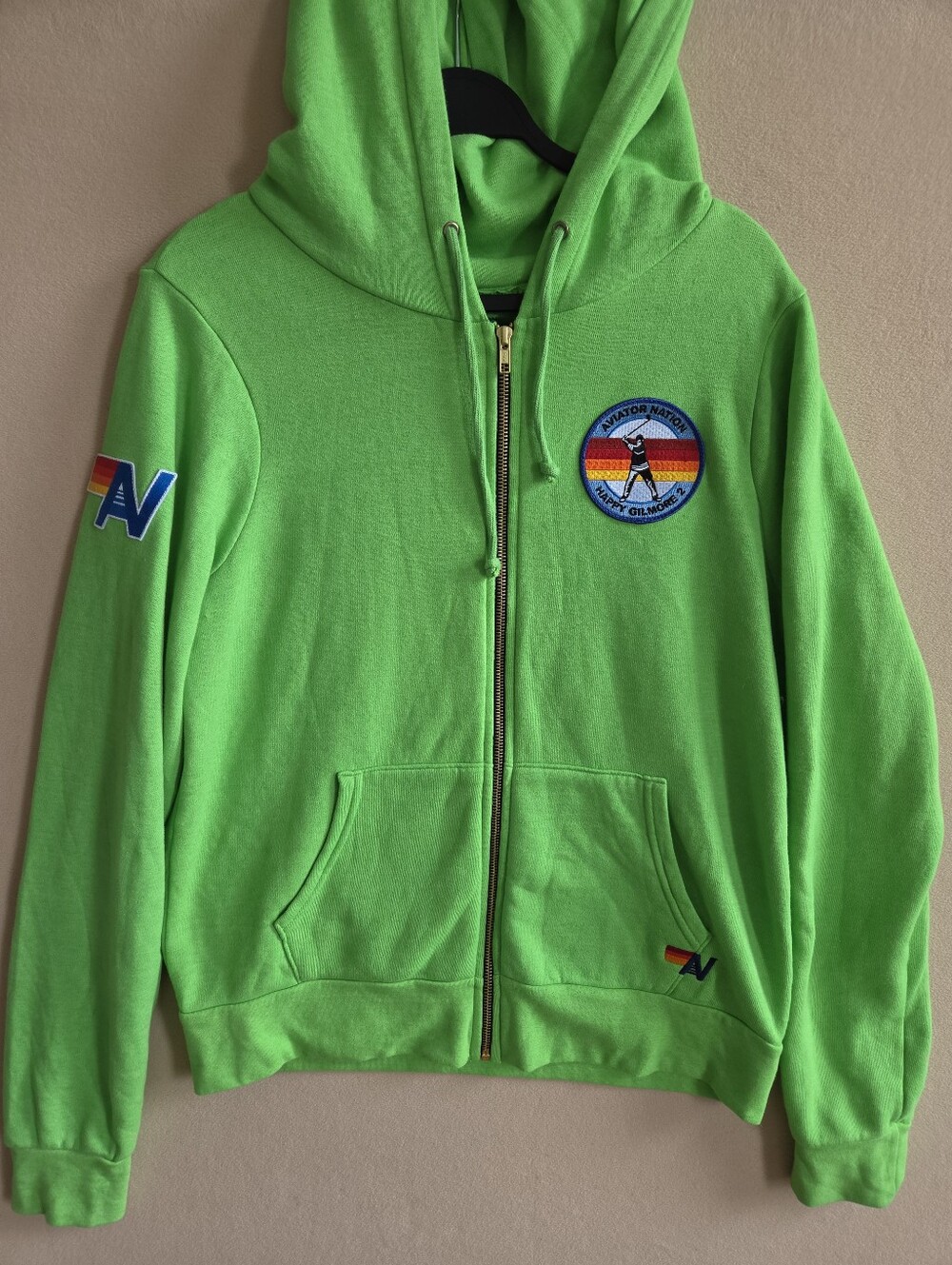 Aviator Nation Happy Gilmore 2 Neon Green Zip Hoodie Rainbow Embroidered Mens M